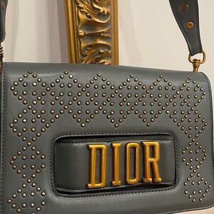 Dior Gray Leather Crossbody with Gold Logo and Stud Detailing